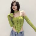 Off Shoulder  Long Sleeve Top Tee Shirt Femme Y2K Clothes Green Tops Mujer T-shirt Black Sexy Funny T Shirts Women Cropped. 