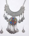 silver colour afghan jewelry set. neckless and earnings. with multi colour stones. 