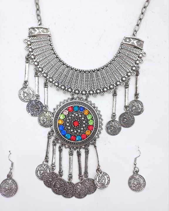 silver colour afghan jewelry set. neckless and earnings. with multi colour stones