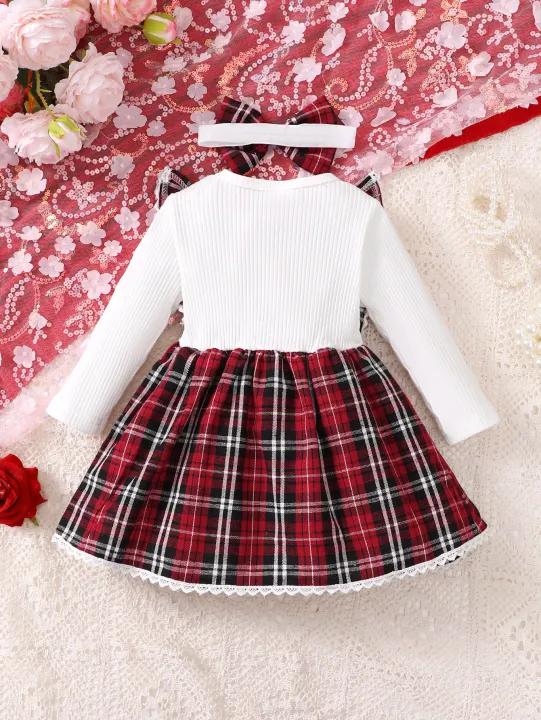 Baby%20girl's%20new%20fashionable%20plaid%20patchwork%20groove%20lace%20design%20bow%20dress%20and%20headband%20-%20Image%202