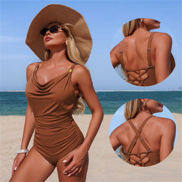 Solid Color Swimsuit Summer Cowl Neck Adjustable Straps Crisscross Back Tummy Control One Piece Beach Athletic Bathing Suit