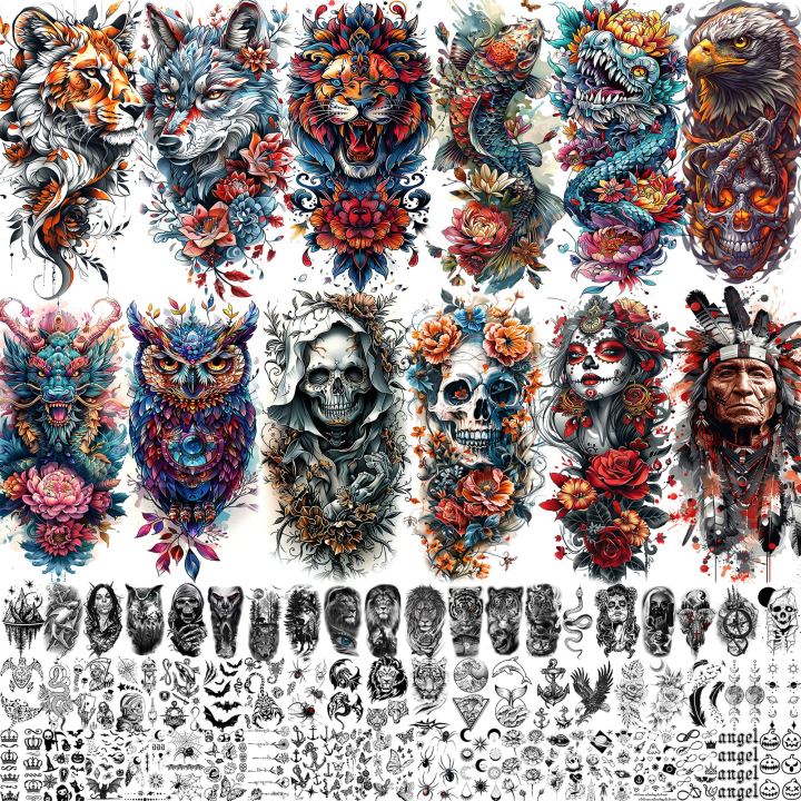 71 Sheets Skull Lion Dragon Flowers Temporary Tattoos For Adults Old School Fake Tattoo Stickers Tiger Wolf Temp Tatoos Body Art