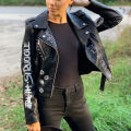 Fitaylor Autumn Winter Women Graffiti Print Faux Leather Jacket Lady Moto Bike PU Leather Coat Casual Rivet Jacket with Belt.