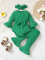 Baby girl autumn and winter casual fashion texture fabric round neck double-layer flared sleeves bow bow front jumpsuit and flar. 