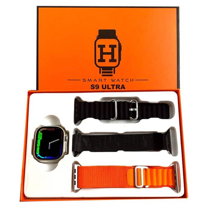 S9 ULTRA 49MM (3 STRAPS) SMART WATCH SERIES 9 WITH Metal Milanese Strap BLUETOOTH VOICE CALL 2.2 INCH HD SCREEN WITH FITPRO APP BLACK and silver