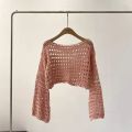 Fishnet Crochet Top Long Sleeve Crop Pullover Women Summer Cover Up Open-knit Blouse Y2K Grunge Outfit. 