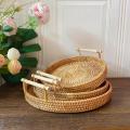 Rattan Tray Round Storage Basket Tray With Wooden Handle Bread Fruit Cake Food Plate Serving Tray for Home kitchen. 
