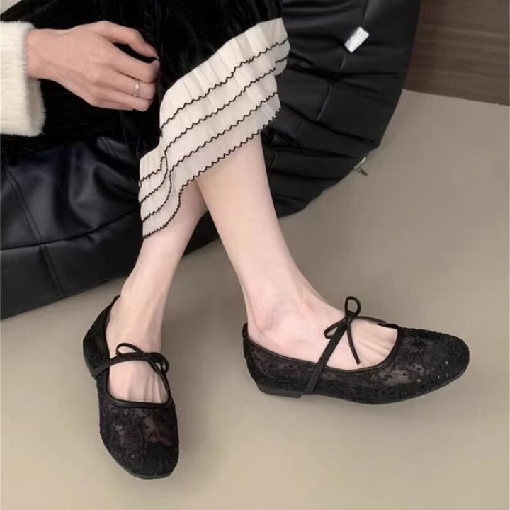 2026%20Women's%20Lace%20Mesh%20Mary%20Jane%20Shoes%20Fashion%20Square%20Toe%20Bowknot%20Flats%20Soft%20Sole%20Comfortable%20Slip-On%20Retro%20Elegant%20Date%20Shoes%20-%20Image%202