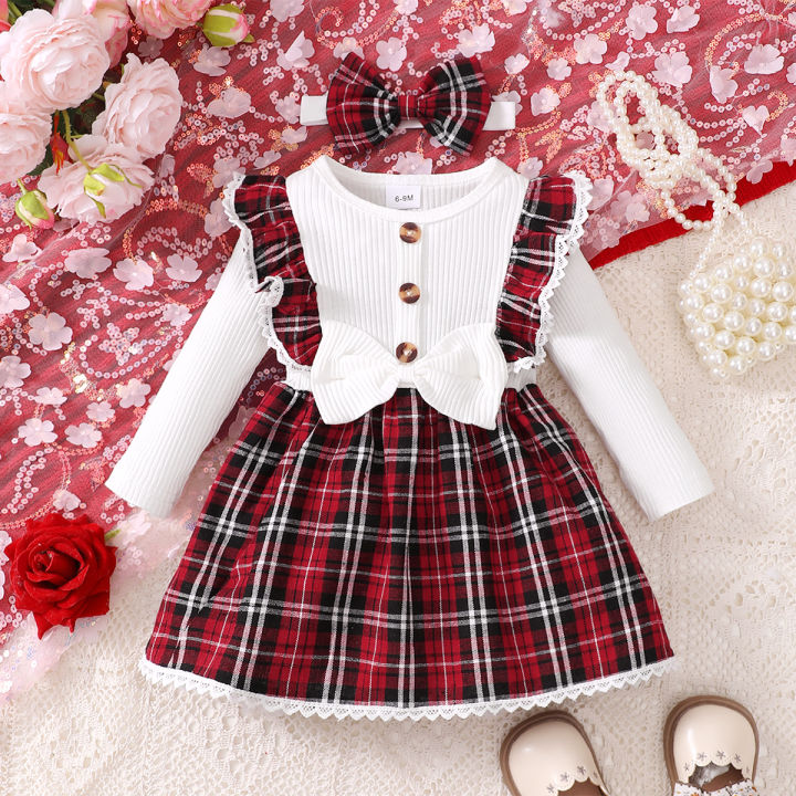 Baby%20girl's%20new%20fashionable%20plaid%20patchwork%20groove%20lace%20design%20bow%20dress%20and%20headband%20-%20Image%207
