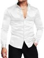 Men's luxurious shiny silk satin dress shirt Long sleeved casual slim muscle button-down shirt. 