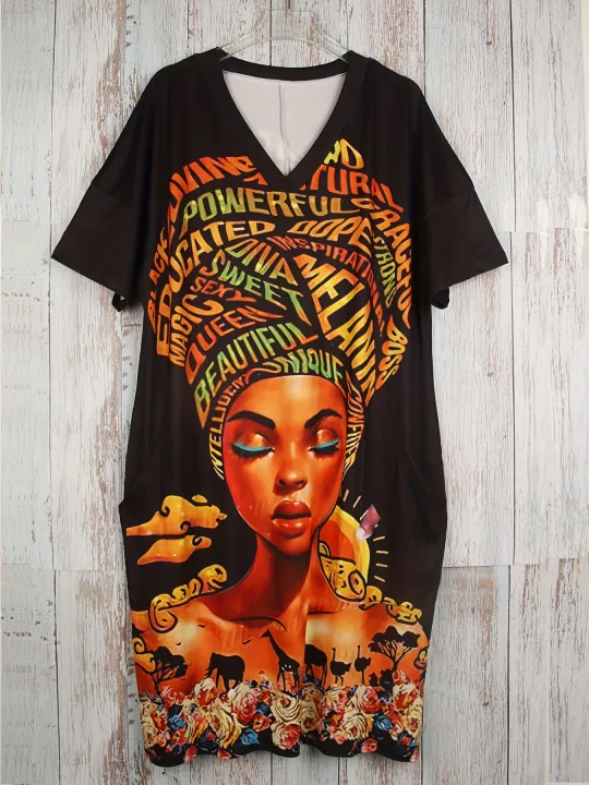 Plus%20Size%20Woman%20&%20Letter%20Print%20Pocket%20Dress%20Casual%20V%20Neck%20Short%20Sleeve%20Dress%20For%20Spring%20&%20Summer%20Women's%20Plus%20Size%20Clothing%20-%20Image%202