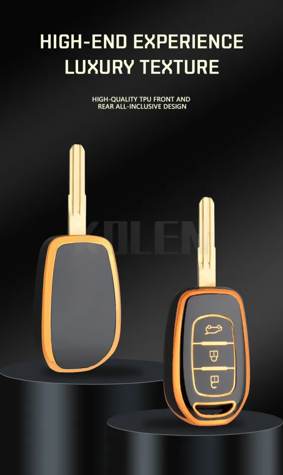 KUNIO Custodia Portachiavi In TPU Morbido Per Renault Kwid, Dacia Sandero/Logan/Duster, Symbol (2016-2018) - 2 Pulsanti - Bianco Con Bordo Dorato