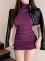 Sexy Tight Half High Collar Pleated Waist Mini Dress Spicy Girls Slim Dresses Bodycon Women Vestidos Cortos Party Mujer Clothing. 