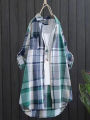 Plus Size Cotton Mid Length Plaid Print Women Autumn Shirts Casual Female Korean Fashion Long Sleeve Single-breasted Blouses. 