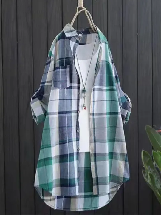 Plus%20Size%20Cotton%20Mid%20Length%20Plaid%20Print%20Women%20Autumn%20Shirts%20Casual%20Female%20Korean%20Fashion%20Long%20Sleeve%20Single-breasted%20Blouses%20-%20Image%203