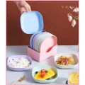 Set of 10 Plate Set with Stand - Stackable Plate Holder, set of 10 plates - ten plates- plates- Space-Saving Design, Dishwasher Safe - mix colours plastic plates. 