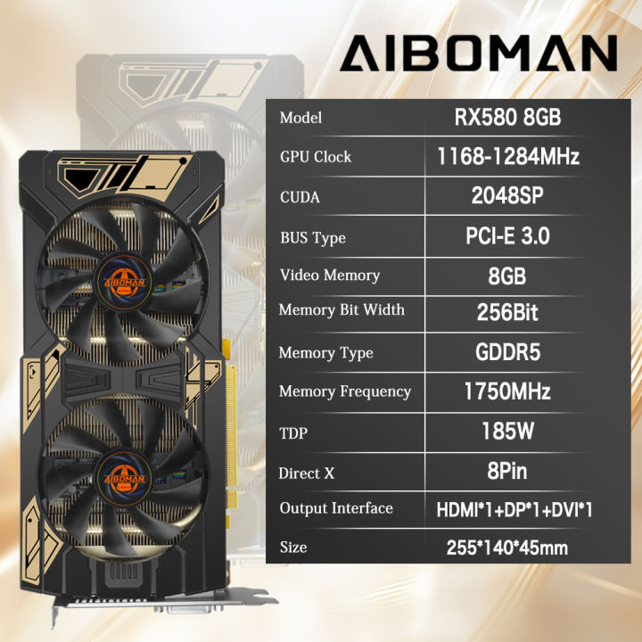 AIBOMAN%20Graphics%20card%20RX580%208GB%20GDDR5%208Pin%20185W%20256Bit%202048SP%20HDMI%20DP%20DVI%20Radeon%20AMD%20VGA%20-%20Image%202
