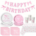 Pink Bow Birthday Decorations - Includes Bow Plates,Napkins,Cups,Banner,Hanging Swirls for Coquette Birthday Decorations.