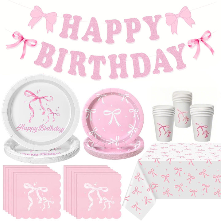 Pink Bow Birthday Decorations - Includes Bow Plates,Napkins,Cups,Banner,Hanging Swirls for Coquette Birthday Decorations