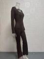 Foreign Trade Women's Long Sleeved Waist Cinching and Waist Lifting Square Collar Wide Leg High Elastic Jumpsuit.