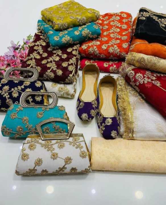 Bilal Fabrics - New Fancy Party Wear Unstitched 5 Piece Suit for Women, Cheffon Nag Jaal Embroidered Shirt With Mesori Self Trouser and Organza Embroidered Dupatta, Women Dresses Unstitched Collection, Embroidered Suit for Women -