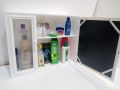 Front storage box cabinet with mirror. 