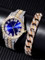 2PCs Fashion Luxury Full Diamond Steel Band Calendar Roman Scale Men's Steel Band Quartz Watch with Diamond Chain Bracelet Set. 