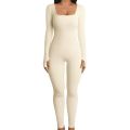 Solid Color Ribbed Yoga Jumpsuit, Seamless Slim Fit Long Sleeve Sports Bodysuit, Women's Activewear.