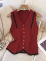 Women's French Collar Knit Sleeveless Vest Contrast Color-Block Design Slimming Regular Fit Button Casual Top for Spring Summer.
