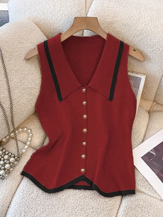 Women's%20French%20Collar%20Knit%20Sleeveless%20Vest%20Contrast%20Color-Block%20Design%20Slimming%20Regular%20Fit%20Button%20Casual%20Top%20for%20Spring%20Summer%20-%20Image%205