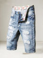 Men's Casual Spring/Summer Denim Shorts - Distressed Denim Shorts with Frayed Edges and Patchwork Details, Fashionable Street-St.