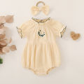 Summer female infant apricot sun print short-sleeved triangle Romper and bow headgear two-piece set. 