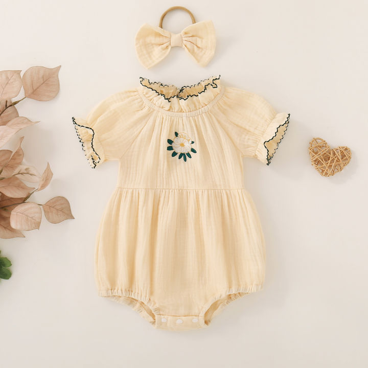 Summer female infant apricot sun print short-sleeved triangle Romper and bow headgear two-piece set