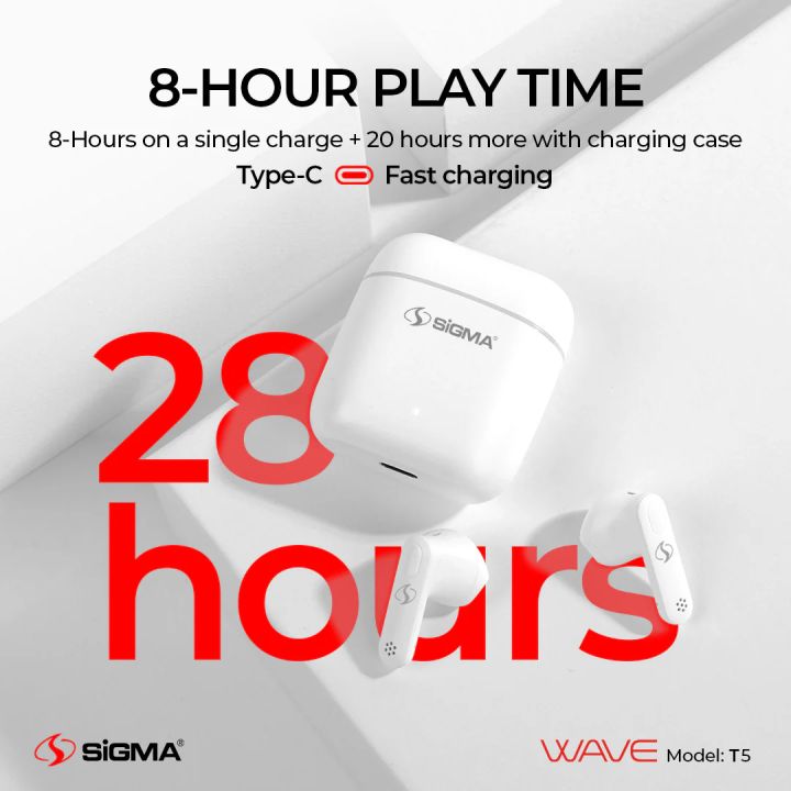 Sigma WAVE T5 TWS Earbuds Standby time 120hrs Airpods/Airbuds/Headset Charging cable Type-C Included Airbuds Use for Android/IOS Huawei, Samsung, Vivo, Tecno, Infinix Airpods and Airbuds Play Time 4+12hrs