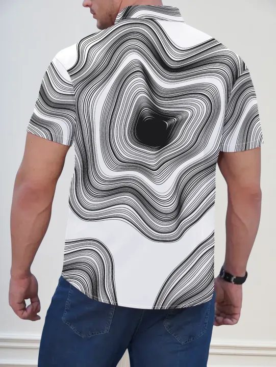 Men's Casual Hawaiian Vacation Abstract Striped Geometric Pattern Digital Print Single Breasted Pocket Lapel Short Sleeve Shirt