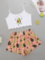 Avocado Print Camisole with Shorts Set Sleepwear Women Summer Pajamas Casual Lingerie Nightie Homewear Underwear.
