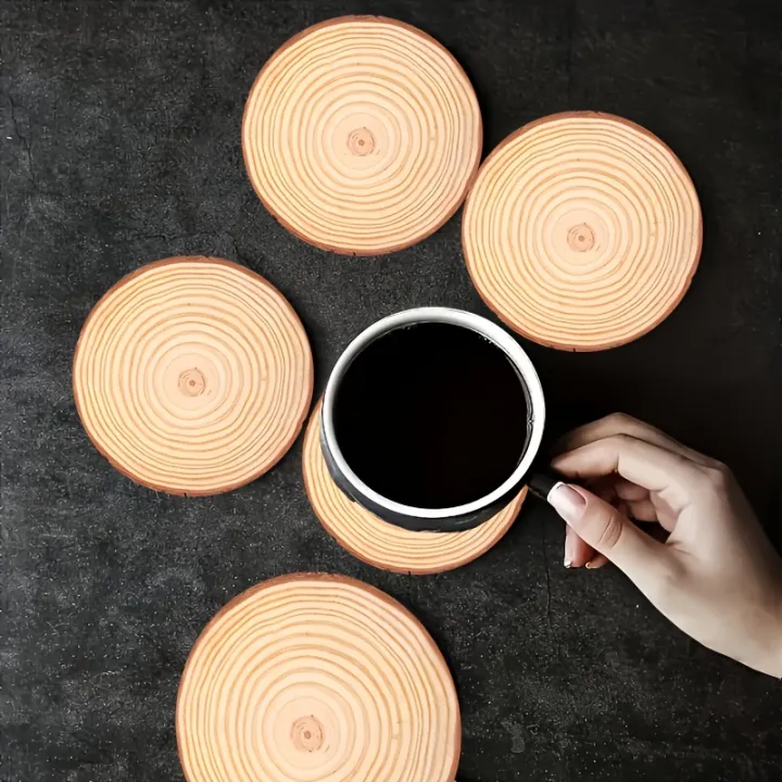 6pcs 4in Retro Growth Ring Pure Color Round Wooden Coasters Coffee Mat ...