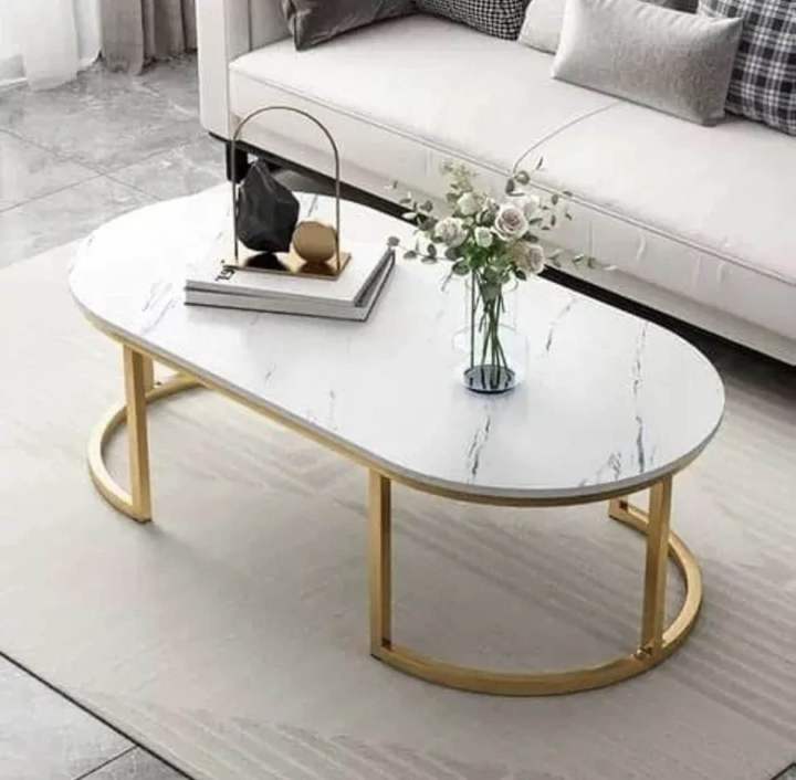 Modern Oval Coffee Table – Luxury Marble Effect Top with C-Shape Gold ...