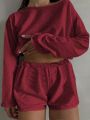 Plus Size Eyelet Casual Shorts Set, Crew Neck Long Sleeve Top & Shorts Outfits, Women's Plus Size Clothing. 