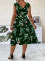 Elegant Plus Size Women's Fashion Print  V-Neck Dress Stylish Commute Slim Fit Sleeveless Dress. 