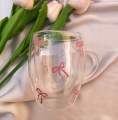 Pink Bow Glass Tumbler | borosilicate glass bottle | double wall glass mug | hydrasip tumbler - Customizable. 