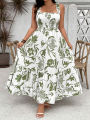 Plus Size 2025 Summer New Holiday Floral Halter Dress with Ruffle Hem and Gathered Bust Plus Size Dress Polyester. 