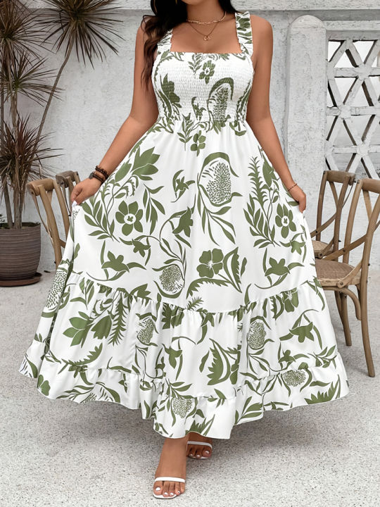 Plus%20Size%202025%20Summer%20New%20Holiday%20Floral%20Halter%20Dress%20with%20Ruffle%20Hem%20and%20Gathered%20Bust%20Plus%20Size%20Dress%20Polyester%20-%20Image%206
