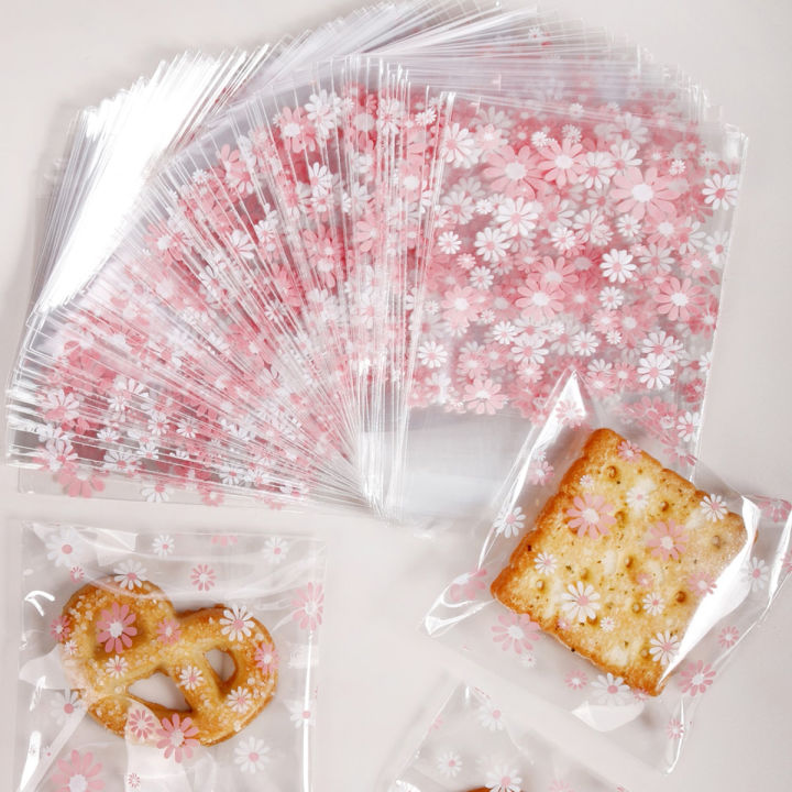 100Pcs Plastic Packing Bags for Biscuits Candy Cookies Flower Self-Adhesive Bags Jewelry Party Packaging