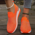 Orange Rhinestone Casual Sneakers Breathable Wedge Women Lightweight Shoes Slip On 2024 New Comfortable Spring Mesh Sports Shoes. 