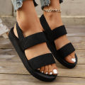 Ladies Elastic Flat Sandals Simulated Grass Weave Lightweight Beach Casual Shoes Classic Black.