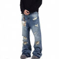 American Style Vintage Tassel Ripped Men Jeans Fashion Trend Wide Leg Loose Straight Leg Denim Pants Hot Sale Male Trousers. 