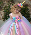 Girls Pastel Unicorn Flower Tutu Dress Kids Crochet Tulle Strap Dress Ball Gown with Daisy Ribbons Children Party Costume Dress. 