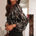 Plus Size Women's Shirt, Stripesd Printed V-Neck Long-Sleeved Top, Casual Resort Style Shirt, Soft Fabric, Loose Cutting.