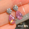 Huitan Temperament Sweet Pink Pear Cubic Zirconia Drop Earrings for Women Exquisite Flower Shape Earrings Gift Statement Jewelry.